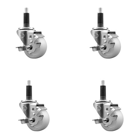 Service Caster 3'' SS Nylon Swivel 1'' Expanding Stem Caster Set with Brake, 4PK SCC-SSEX20S314-NYS-TLB-1-4